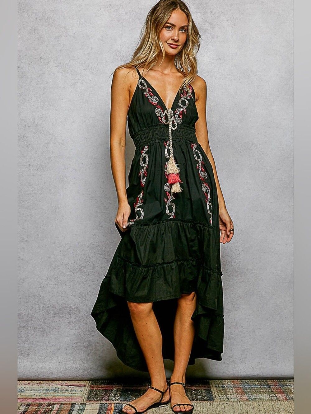 POL Embroidered Detail Tassel Tie Smocked Waist Midi Tiered Slip Dress - Black - Picture 1 of 5